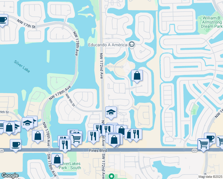 map of restaurants, bars, coffee shops, grocery stores, and more near 1278 Northwest 171st Terrace in Pembroke Pines
