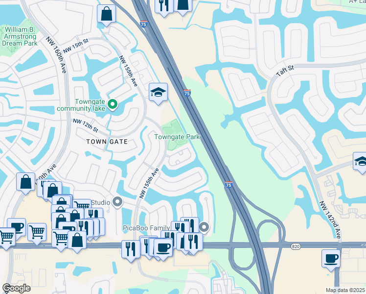 map of restaurants, bars, coffee shops, grocery stores, and more near 901 Northwest 155th Avenue in Pembroke Pines