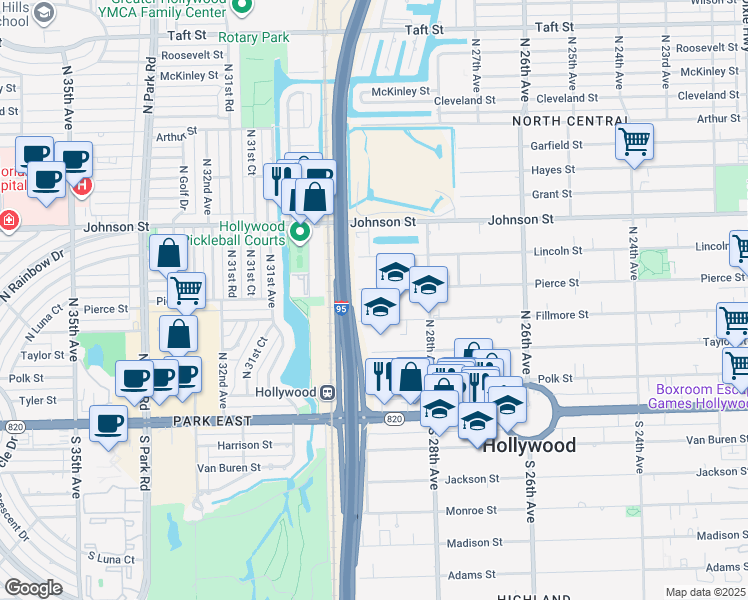 map of restaurants, bars, coffee shops, grocery stores, and more near 2910 Pierce Street in Hollywood