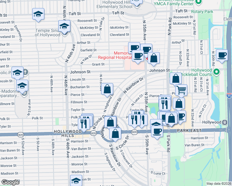 map of restaurants, bars, coffee shops, grocery stores, and more near 625 North Highland Drive in Hollywood