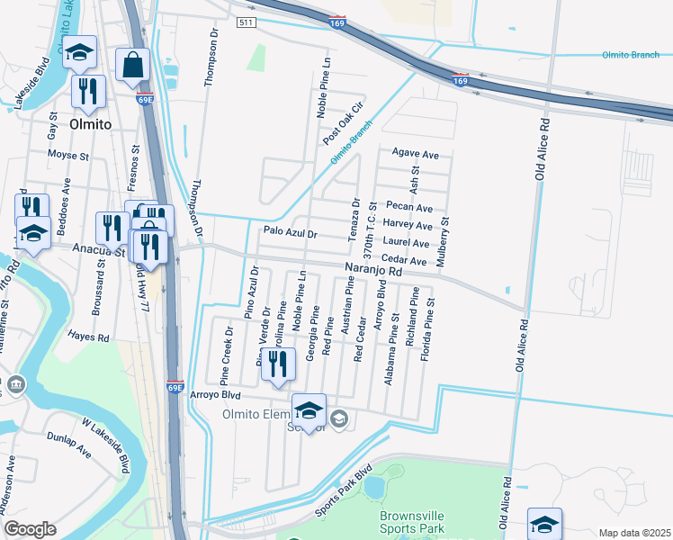 map of restaurants, bars, coffee shops, grocery stores, and more near 6952 Red Pine in Brownsville
