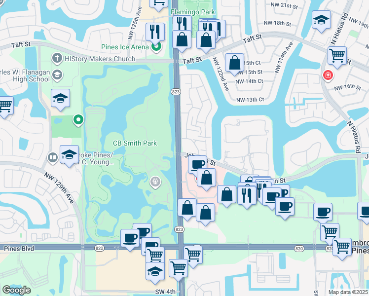map of restaurants, bars, coffee shops, grocery stores, and more near 1083 Northwest 124th Avenue in Pembroke Pines