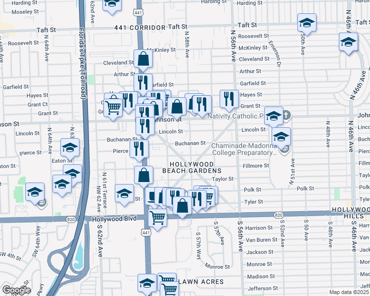 map of restaurants, bars, coffee shops, grocery stores, and more near 5743 Buchanan Street in Hollywood