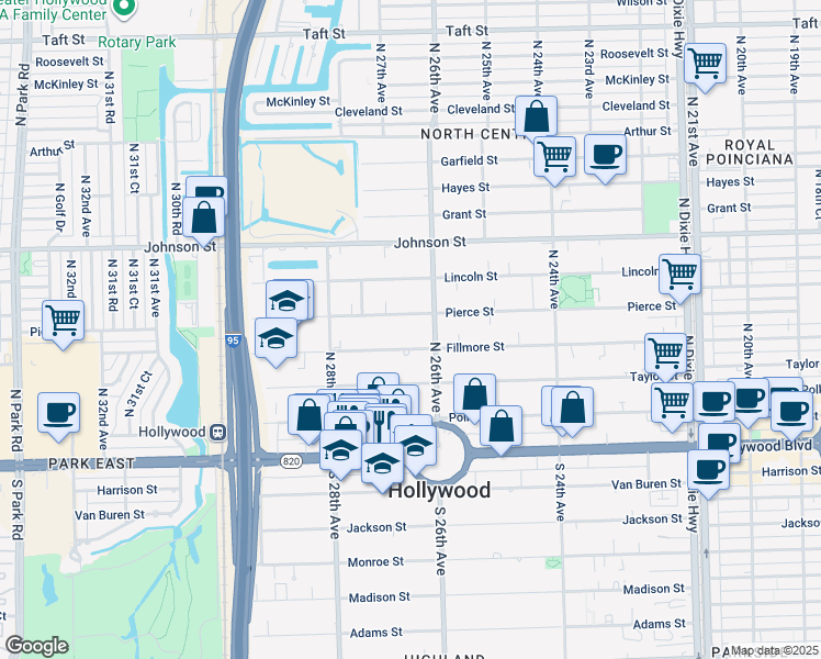 map of restaurants, bars, coffee shops, grocery stores, and more near 2614 Pierce Street in Hollywood