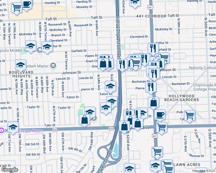 map of restaurants, bars, coffee shops, grocery stores, and more near 37 North 63rd Avenue in Hollywood