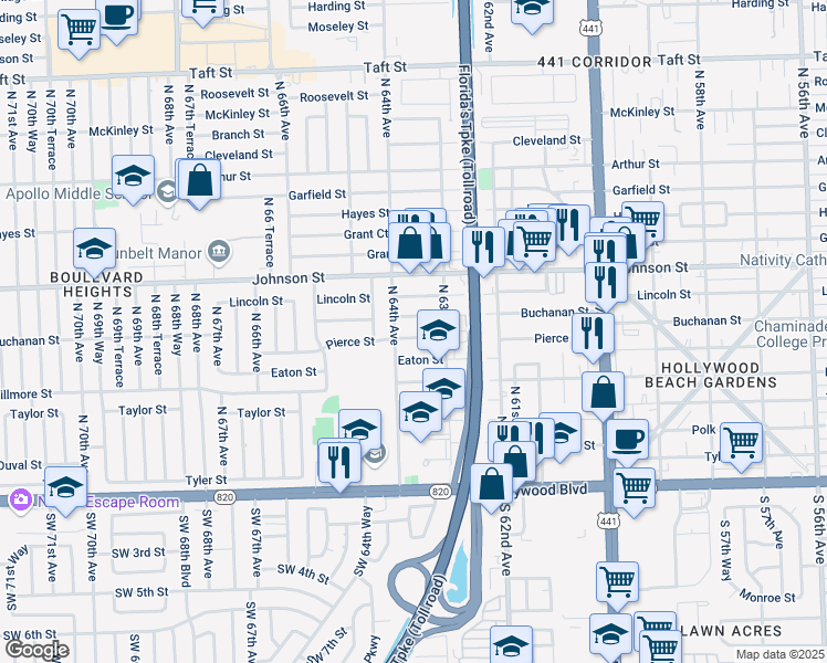 map of restaurants, bars, coffee shops, grocery stores, and more near 6335 Buchanan Street in Hollywood