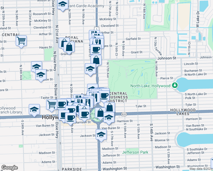 map of restaurants, bars, coffee shops, grocery stores, and more near 1712 Pierce Street in Hollywood