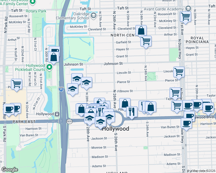 map of restaurants, bars, coffee shops, grocery stores, and more near 2614 Pierce Street in Hollywood