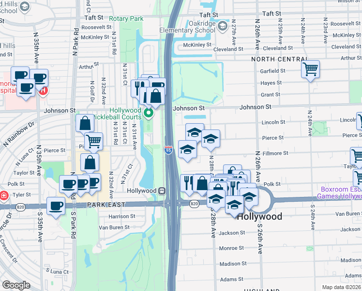 map of restaurants, bars, coffee shops, grocery stores, and more near 2905 Pierce Street in Hollywood