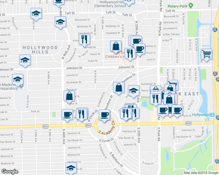 map of restaurants, bars, coffee shops, grocery stores, and more near 625 North Highland Drive in Hollywood