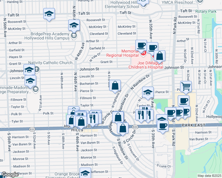 map of restaurants, bars, coffee shops, grocery stores, and more near 4016 Buchanan Street in Hollywood