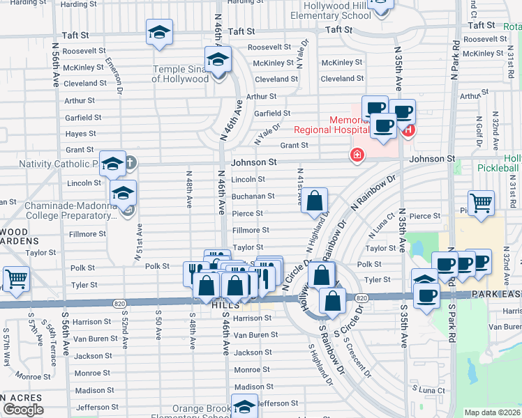 map of restaurants, bars, coffee shops, grocery stores, and more near 4310 Buchanan Street in Hollywood