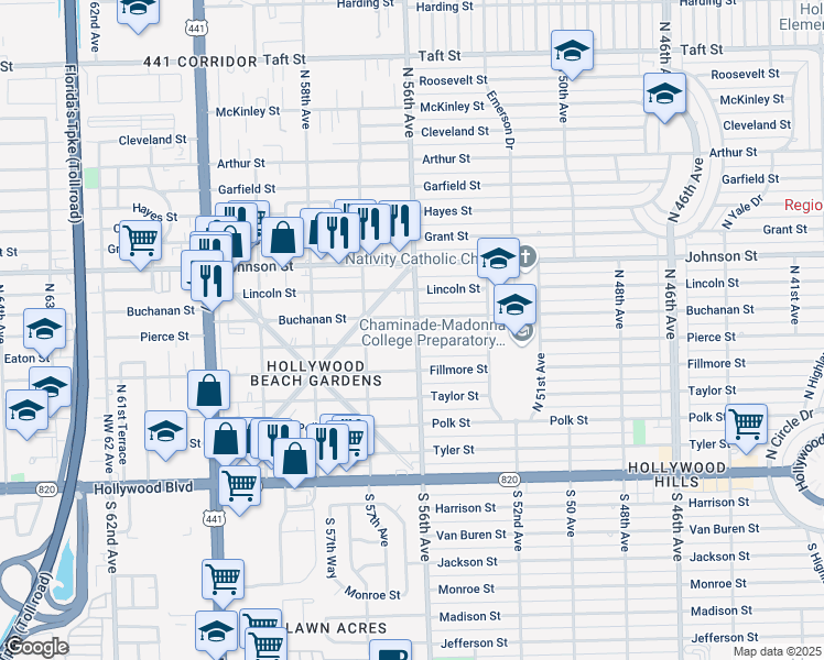 map of restaurants, bars, coffee shops, grocery stores, and more near 5619 Buchanan Street in Hollywood