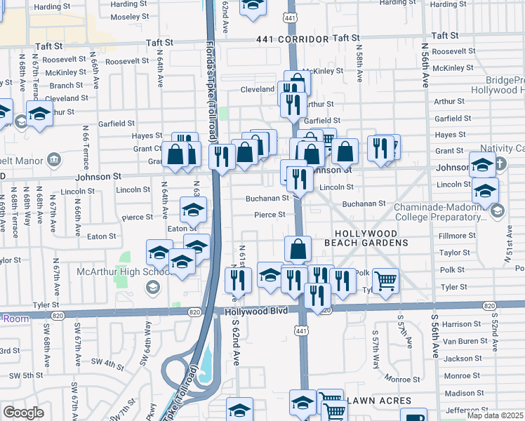 map of restaurants, bars, coffee shops, grocery stores, and more near 6038 Buchanan Street in Hollywood