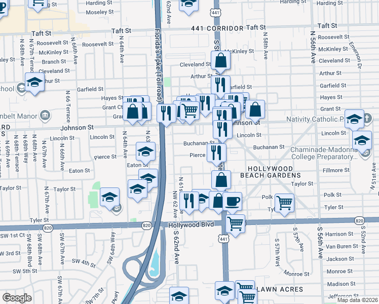 map of restaurants, bars, coffee shops, grocery stores, and more near 6128 Buchanan Street in Hollywood