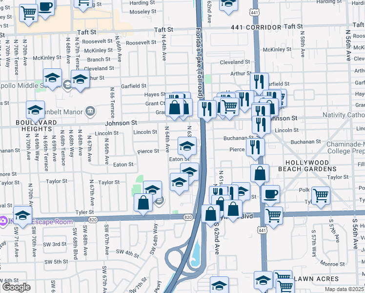 map of restaurants, bars, coffee shops, grocery stores, and more near 37 North 63rd Avenue in Hollywood