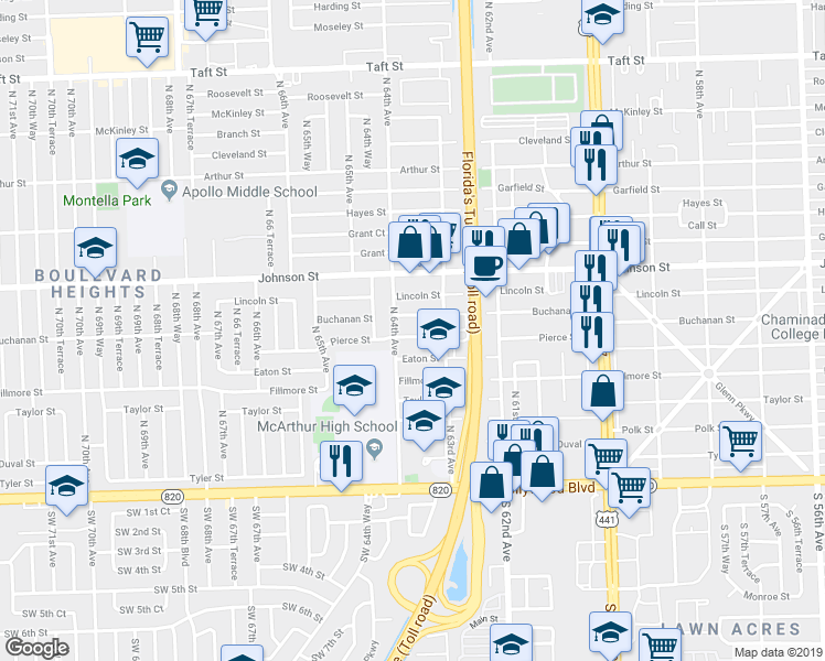 map of restaurants, bars, coffee shops, grocery stores, and more near 6335 Buchanan Street in Hollywood