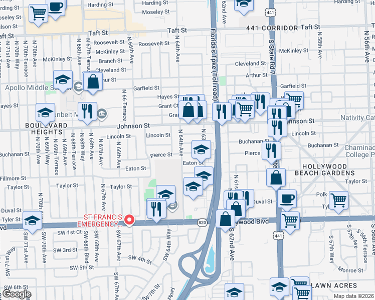 map of restaurants, bars, coffee shops, grocery stores, and more near 6335 Buchanan Street in Hollywood