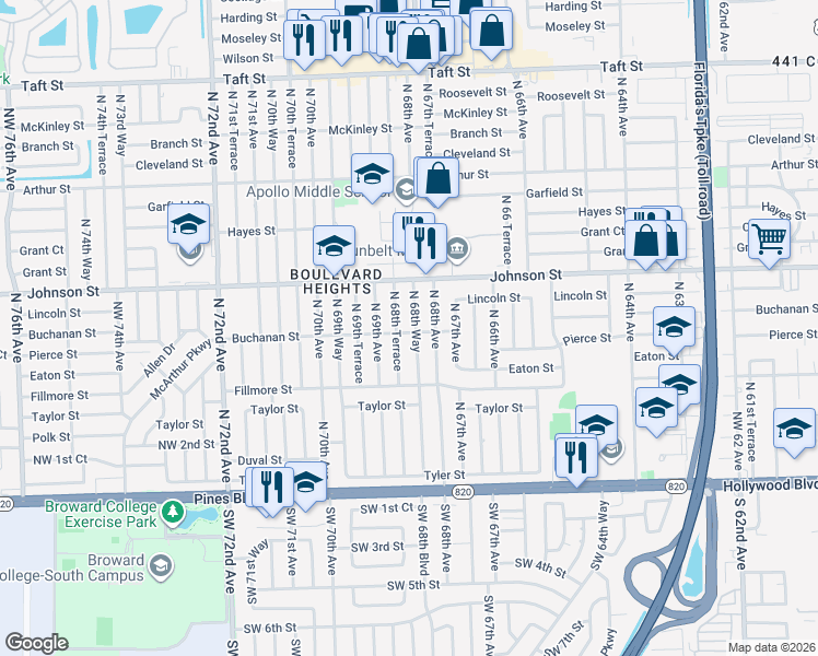 map of restaurants, bars, coffee shops, grocery stores, and more near 730 North 68th Way in Hollywood