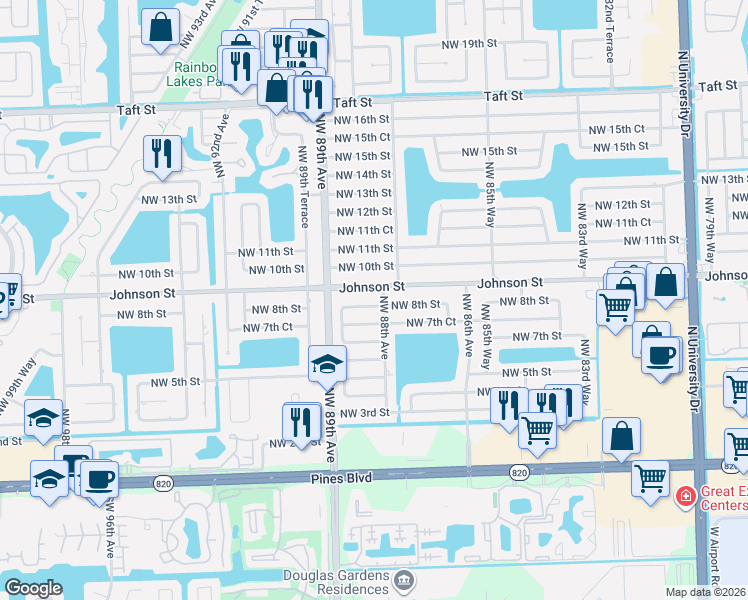 map of restaurants, bars, coffee shops, grocery stores, and more near 8791 Johnson Street in Pembroke Pines
