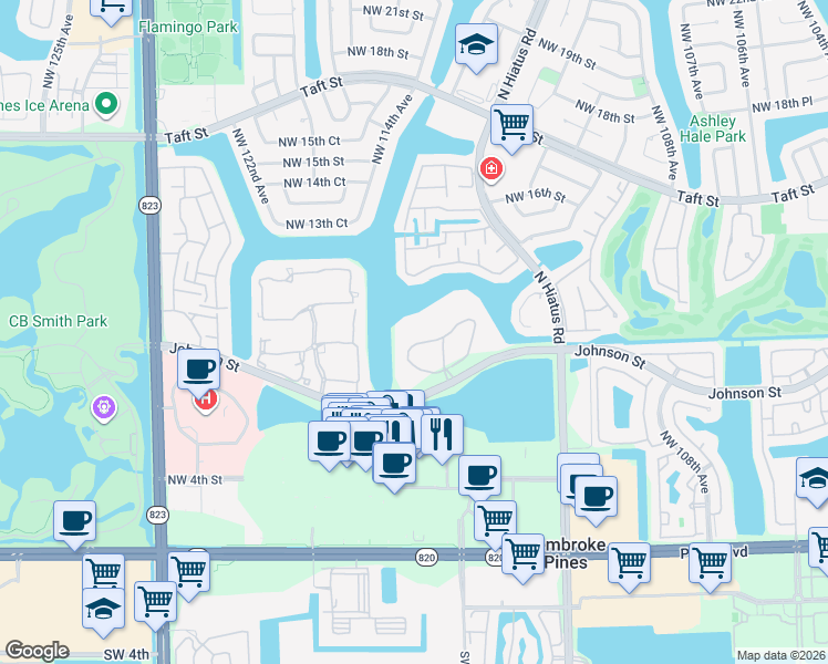 map of restaurants, bars, coffee shops, grocery stores, and more near 1100 Colony Point Circle in Pembroke Pines