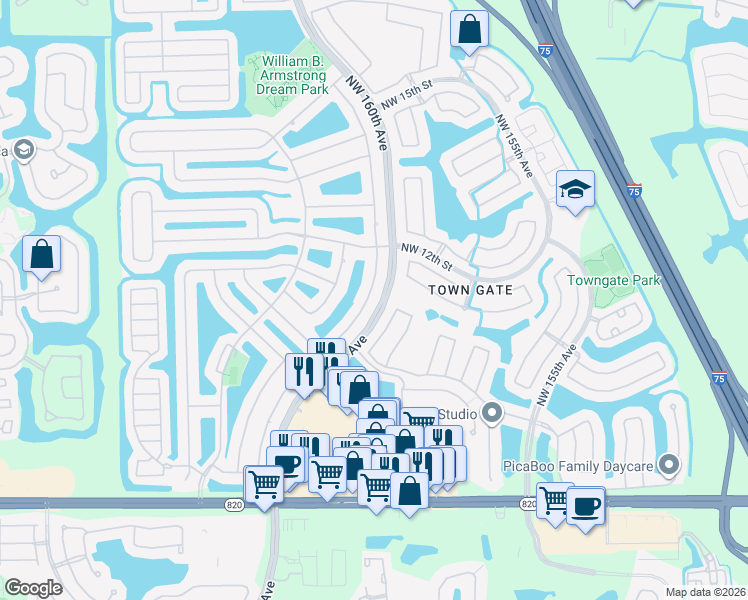 map of restaurants, bars, coffee shops, grocery stores, and more near 1100 Northwest 161st Avenue in Pembroke Pines