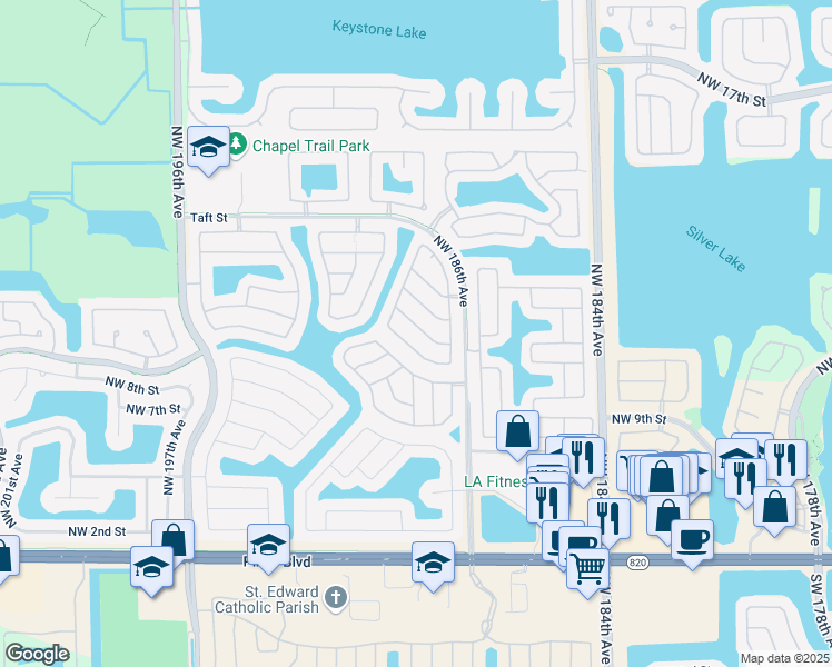 map of restaurants, bars, coffee shops, grocery stores, and more near 19103 Northwest 12th Court in Pembroke Pines
