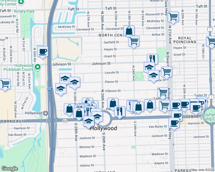 map of restaurants, bars, coffee shops, grocery stores, and more near 2531 Pierce Street in Hollywood