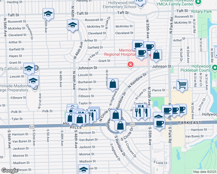 map of restaurants, bars, coffee shops, grocery stores, and more near 4016 Buchanan Street in Hollywood