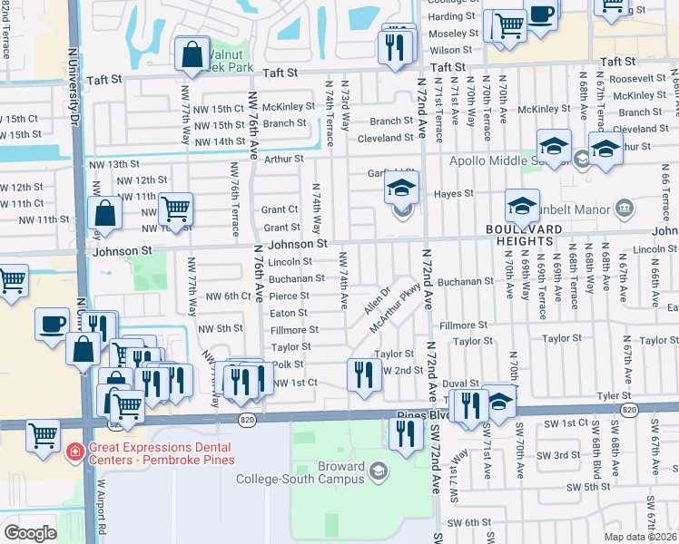 map of restaurants, bars, coffee shops, grocery stores, and more near 7410 Lincoln Street in Hollywood