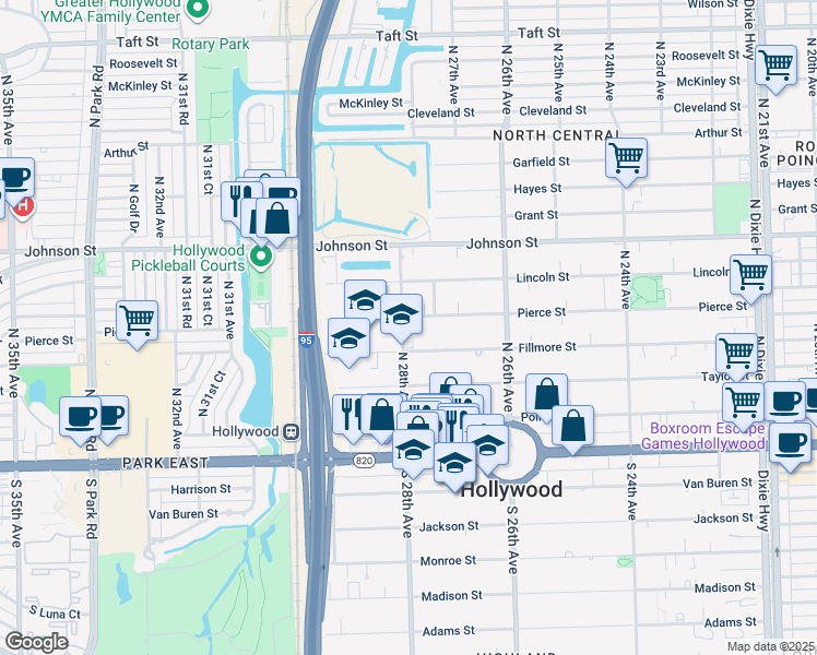 map of restaurants, bars, coffee shops, grocery stores, and more near 2739 Pierce Street in Hollywood