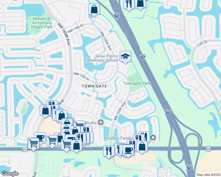 map of restaurants, bars, coffee shops, grocery stores, and more near 1067 Northwest 157th Avenue in Pembroke Pines