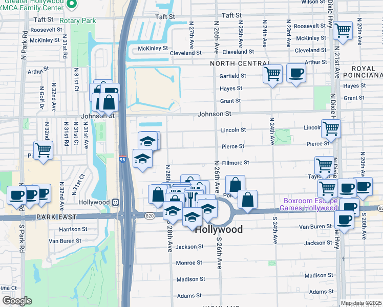 map of restaurants, bars, coffee shops, grocery stores, and more near 2704 Pierce Street in Hollywood