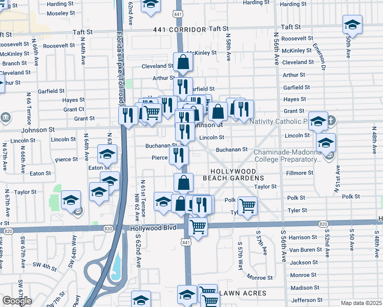 map of restaurants, bars, coffee shops, grocery stores, and more near 706 Glenn Parkway in Hollywood