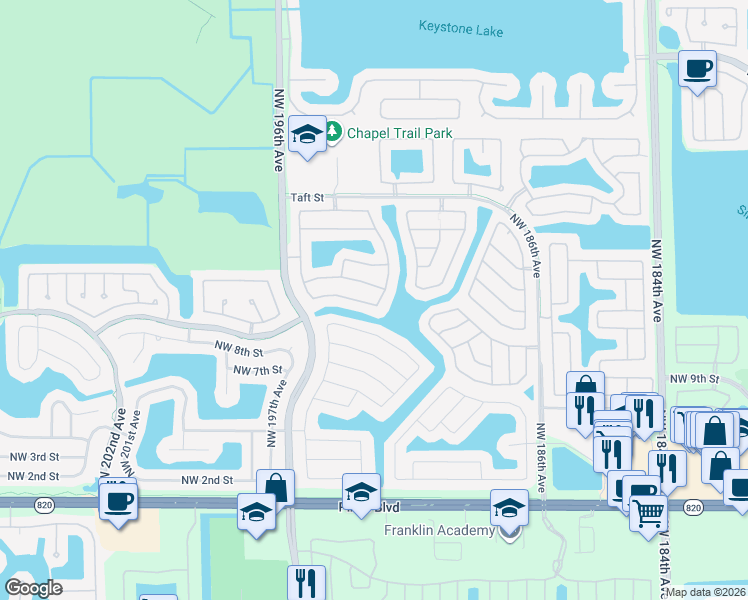 map of restaurants, bars, coffee shops, grocery stores, and more near 1101 Northwest 193rd Avenue in Pembroke Pines