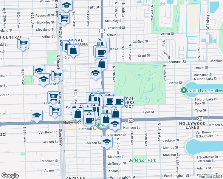 map of restaurants, bars, coffee shops, grocery stores, and more near 1712 Pierce Street in Hollywood