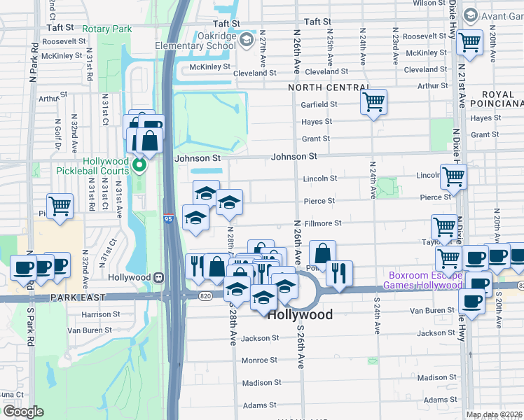 map of restaurants, bars, coffee shops, grocery stores, and more near 2704 Pierce Street in Hollywood