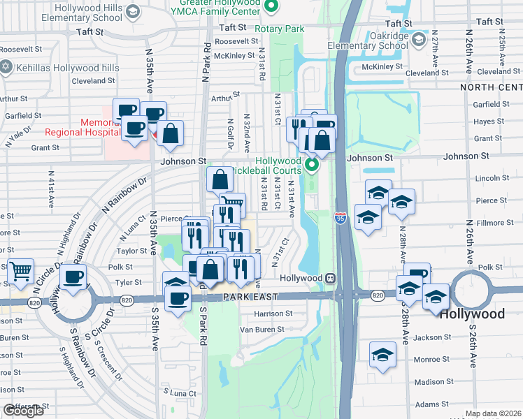map of restaurants, bars, coffee shops, grocery stores, and more near 612 North 31st Road in Hollywood