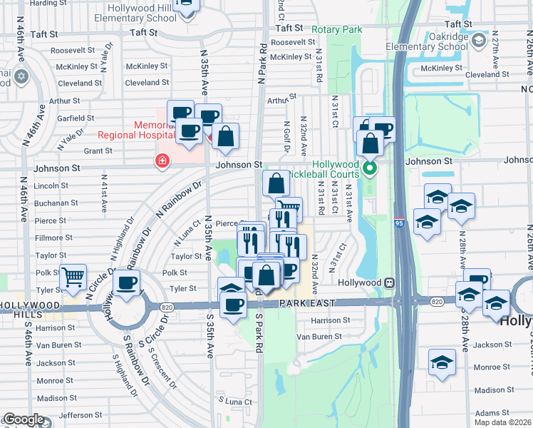 map of restaurants, bars, coffee shops, grocery stores, and more near 3250 Buchanan Street in Hollywood