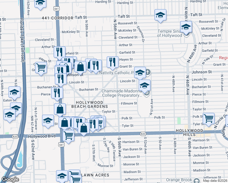 map of restaurants, bars, coffee shops, grocery stores, and more near 5619 Buchanan Street in Hollywood
