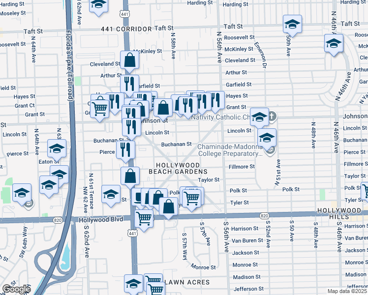 map of restaurants, bars, coffee shops, grocery stores, and more near 5743 Buchanan Street in Hollywood