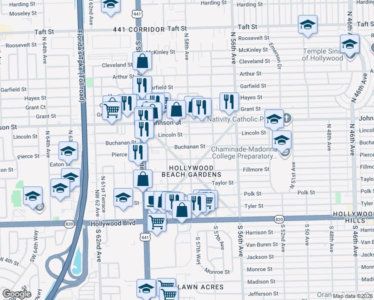 map of restaurants, bars, coffee shops, grocery stores, and more near 5743 Buchanan Street in Hollywood