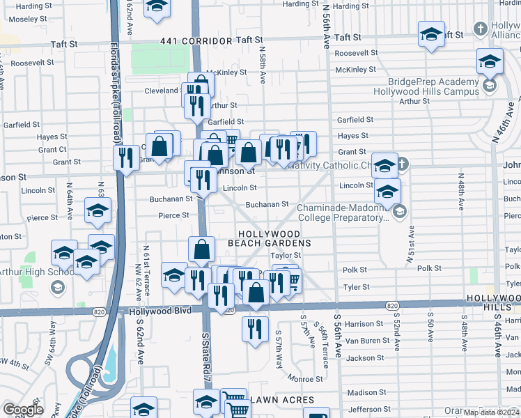 map of restaurants, bars, coffee shops, grocery stores, and more near 5743 Buchanan Street in Hollywood