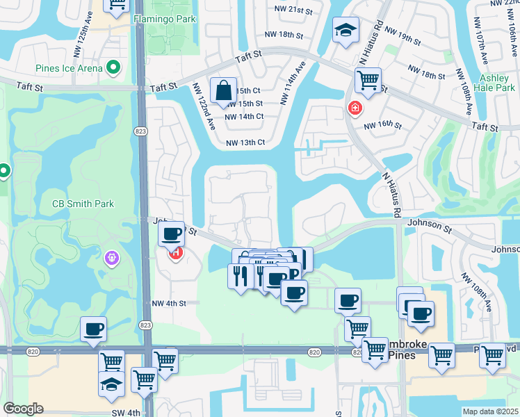 map of restaurants, bars, coffee shops, grocery stores, and more near 11738 Northwest 12th Street in Pembroke Pines