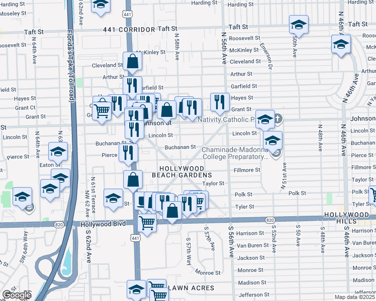 map of restaurants, bars, coffee shops, grocery stores, and more near 5743 Buchanan Street in Hollywood