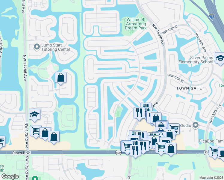 map of restaurants, bars, coffee shops, grocery stores, and more near 16353 Northwest 8th Drive in Pembroke Pines