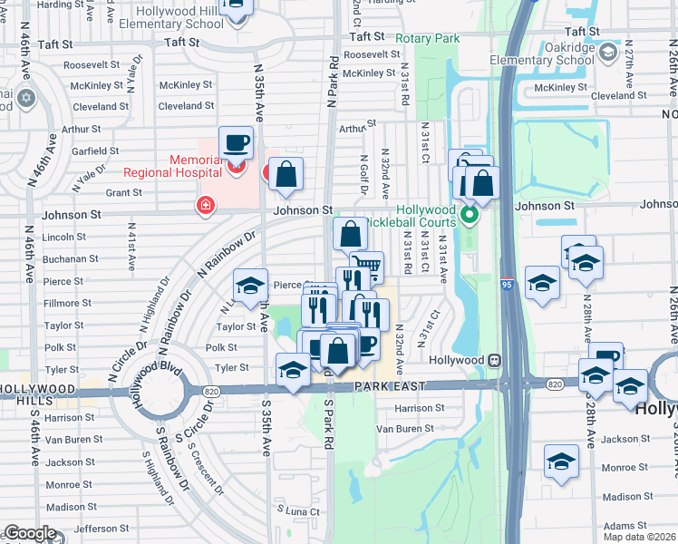 map of restaurants, bars, coffee shops, grocery stores, and more near 3250 Buchanan Street in Hollywood