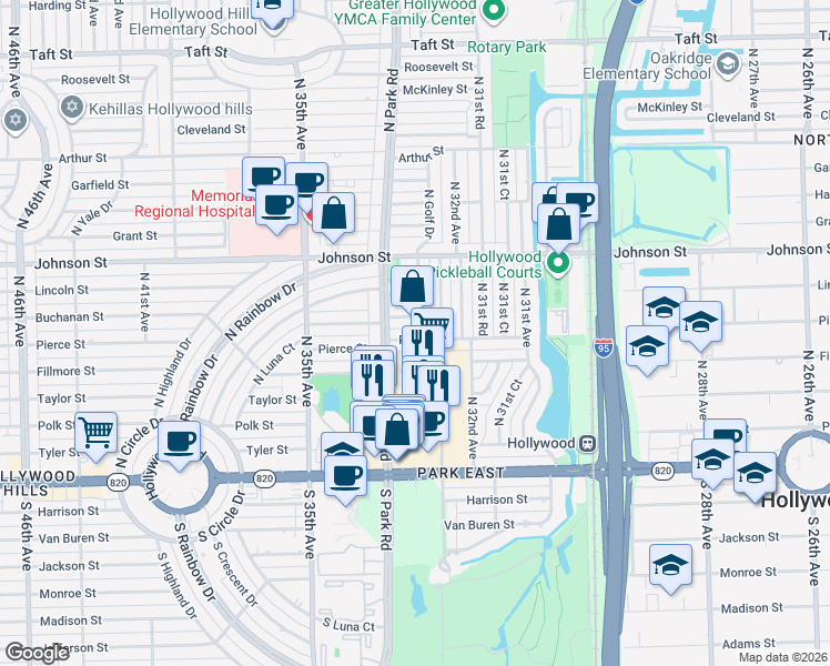 map of restaurants, bars, coffee shops, grocery stores, and more near 3250 Buchanan Street in Hollywood