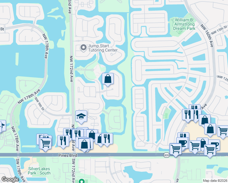 map of restaurants, bars, coffee shops, grocery stores, and more near 16769 Northwest 12th Court in Pembroke Pines