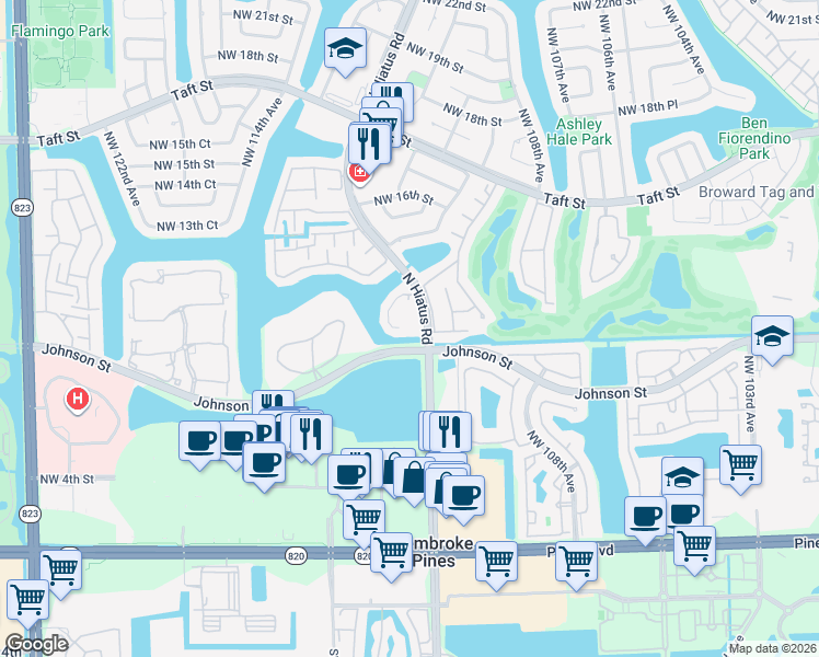 map of restaurants, bars, coffee shops, grocery stores, and more near 1000 North Hiatus Road in Pembroke Pines